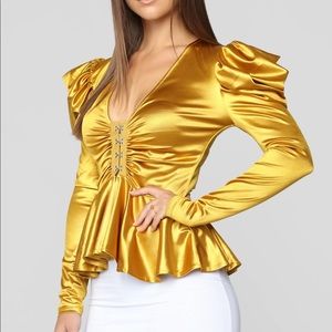 Love sleeve metallic mustard midi shirt fashion nova S